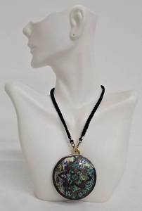 Sterling Silver and Abalone Shell Round Pendant Necklace on 22-Inch Black Braided Chain, 2-Inch Diameter