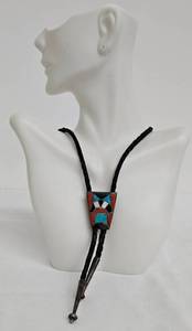 Native American Inlay Pendant Necklace - Turquoise & Red Coral Mosaic, Braided Cord