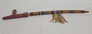 Native American Style Pipestone and Wood Peace or Cermonial Pipe with Blue Bead Wrap & Leather Fringe - 23 Long