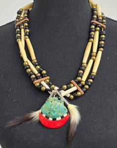 Native American Style Featuring Buffalo Bone Beaded and Turquoise Mosaic Pendant, Multi-Strand Bone Beads & Leather Ties