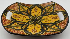 Hand-Painted Ceramic Bowl with Cutout Handles - Yellow Floral Motif
