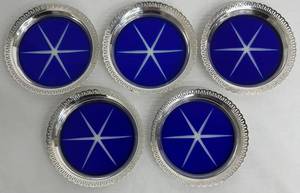 Sterling Silver Rim Blue Glass Coasters - (Lot of 5)