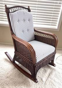P - Rattan Rocking Chair with Blue and White Striped Cushions