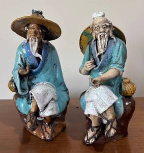 LL - Two Shiwan Mud Men Figurines - Pair of Chinese Ceramic Figurines