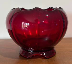 LL - Vintage Imperial Glass Ruby Red Footed Lily Pad Rimmed Rose Bowl