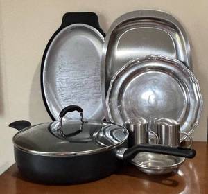 LL - T-fal Fry Pan with Glass Lid, Silver-Plated Platters, Bowls & Salt & Pepper Shakers