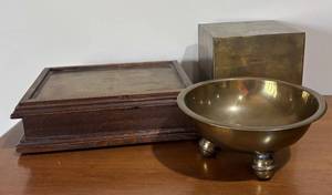 LL - Vintage Brass Bowl, Brass Cube & Dresser Box