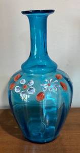 LL - Vintage Blue Hand-Painted Glass Vase with Floral Daisy Motif