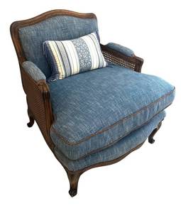 LR - Vintage Blue Upholstered Armchair - Cane Sides