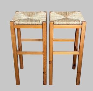 K - Pair of Bar-Height Wooden Stools with Woven Seats