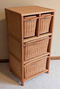 LL - Wooden Wicker Basket Storage Cabinet- Built-In Baskets