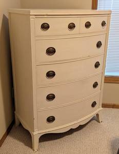 LL - Vintage Cream Painted Wood Dresser - Curved Front