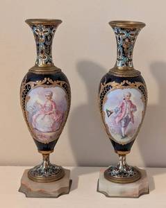 LL - Pair of Vintage Vases - Sevres-Style Pair, Champlev Enamel