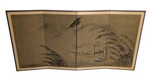 LL - Large 4-Panel Asian Byobu Wall Screen 71 x 36 in Gold Leaf Landscape Scene
