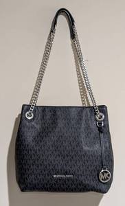 LL - Michael Kors Black Signature MK Monogram Tote with Silver Chain
