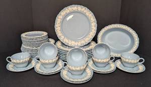 LL - Vintage Wedgwood Embossed Queensware Dinnerware Set for Eight - Gray with Ivory Floral Border