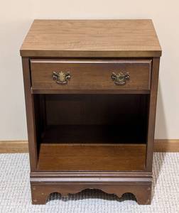 LL - Vintage Wood Side Table with Drawer, Brass Trim & Open Shelf
