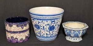 LL - Ceramic Planters - BlueWhite Floral, Purple Textured & Hexagonal Pattern (3-Piece Set)