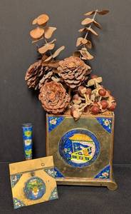 LL - Chinese Cloisonn Brass Decor Enamel Vase on Pedestal with Floral Motifs & 2 Matching Box Panels