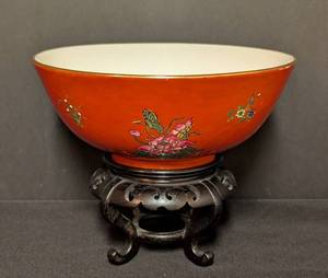 LL - Bowl - Vintage Chinese Red Glazed Bowl with Floral Motifs on Carved Stand