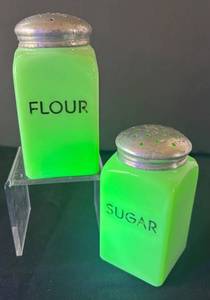 DR - Pair of Vintage Uranium Glass Sugar & Flour Shakers