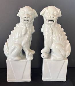 DR - Two Foo Dog Guardian Statues - Tall White Ceramic