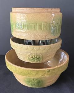 DR - Trio of Vintage Yellowware Cherry Pattern Bowls