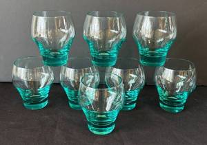 DR - Set of Eight Vintage Sasaki Harmony Pattern Aqua Hand-Blown Lowball Glasses