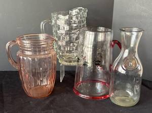 DR -Assorted Pitchers and a Carafe by Fostoria, Anchor Hocking, Pfaltzgraff and More