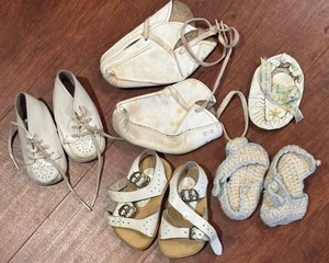 LL - Vintage Baby Shoes Assortment - White Leather Lace-Ups, Buckle Sandals, Knit Booties