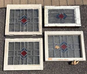 G - Vintage Stained Glass Window Panels - 4-Piece Set with Diamond Center