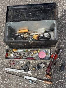G - Vintage Metal Toolbox with Hand Tools