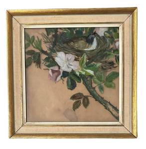 LL - Vintage Reverse-Painted Print - Bird on Nest with Flowers