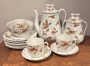 LL - Antique Holly and Berry China - Teapot, Canister, Cups, Saucers, Plates & Bowl