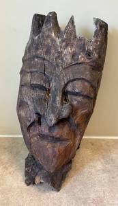 DR - Hand Carved African Wooden Mask, Crowned Top, Weathered Cracked Surface
