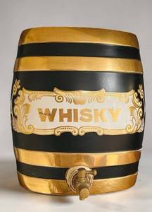 LL - Antique English Whiskey Barrel Dispenser - Black & Gold with WHISKY Label