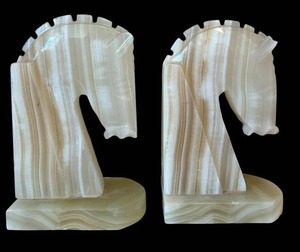UL - Pair of Horse Head Marble Bookends - White with Natural Banding