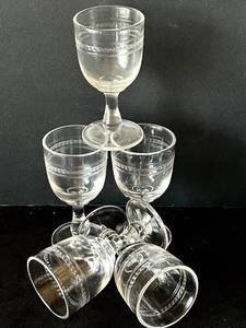 UL - Vintage Petite Clear 4-Inch Cordial Glasses - Crystal Stemware with Etched Geometric Bands (Lot of 5)
