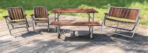 O - Portable Outdoor Furniture Set - Wood Slat Table with 4 Chairs & Bench