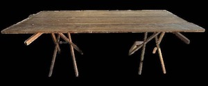 G - Vintage Wallpaper Table - 5 ft x 3 ft x 3 ft, Rustic Wood Top on Folding Trestle Legs