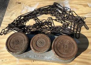 G - Toledo Vintage Cast-Iron Weight Plates with Heavy-Duty Chain (Lot of 3)