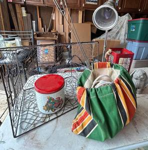 G - Vintage Lamp with Metal Wire Basket & Red Lantern, Cookie Tin & Rabbit Figurine