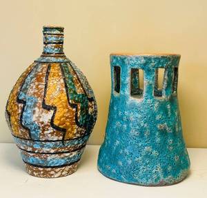 DR - Vintage Mid Century Italian Lava Glaze Pottery Vase & Vintage Aqua Lantern Base from Thomas Lee Living