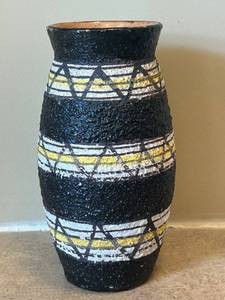 UL - Vintage Italian Made Ceramic Vase - Black Textured with White & Yellow Geometric Stripes