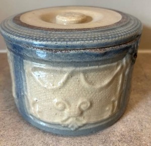 DR - Antique Yellow Ware Butter Crock Draped Window Design