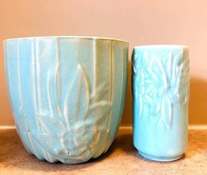 DR - Vintage McCoy Aqua Vases - Leaf-Relief Embossed (Lot of 2)