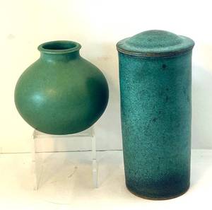 DR - Two Aqua Pottery Vases - Round Globe Vase & Tall Cylindrical Jar with Lid