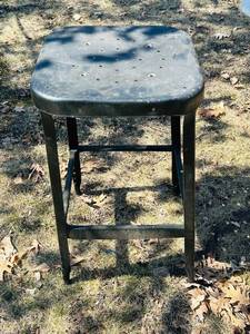 O - Vintage Black Metal Stool - 24 in High, Perforated Seat, Industrial