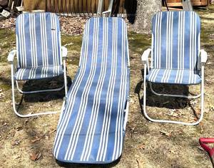 O - Three-Piece Blue & White Patio Set - 2 Chairs & Chaise, 34 in