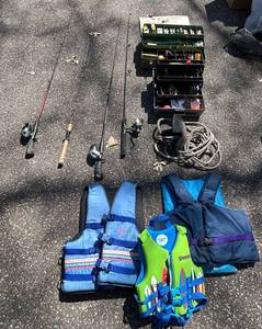 G - Fishing Poles with Reels, Lures, Tackle Boxes, Life Vests & Rope